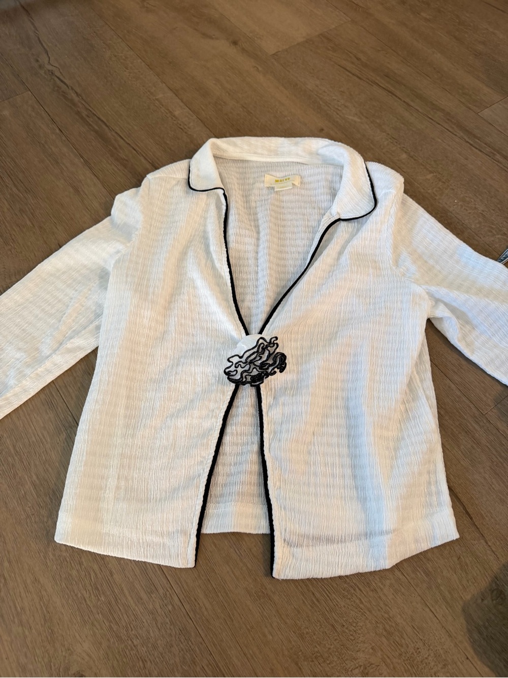 Anthropologie White Textured Open Blazer with Black Trim